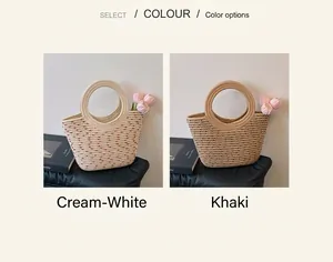 Détails de sacs à main en paille tressée beige et kaki avec pois et anses rondes