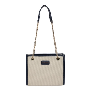 Grand sac cabas en toile beige avec garniture en cuir bleu foncé et chaîne dorée