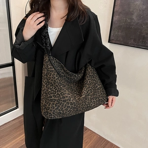 Vintage leopard print tote bag with stylish ruffled shoulder straps for women