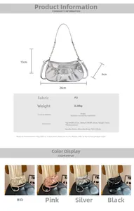 Infographie détaillée des tailles pour sac bandoulière plissé en PU avec décor perle