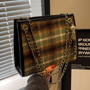 Vintage Plaid Tweed Schultertasche Für Damen Metallkette Mit Goldkugel Verstellbare Umhängetasche Mode Tote Tasche