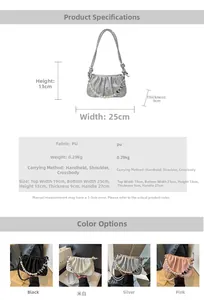 Size chart for pleated PU leather handbag showing dimensions and four available colors
