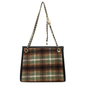 Classic checkered tote bag with gold chain strap and vintage wool fabric design