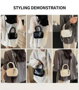 Mini square chain bag styled with casual outfits showing versatile shoulder and hand carry