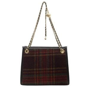 Women's plaid chain shoulder bag in red and green tartan with gold ball charm