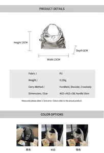 Size chart and color display of PU leather dumpling bag in silver, black and white