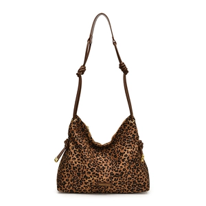 Stylish leopard print tote bag with brown knotted straps and fashion label on white back