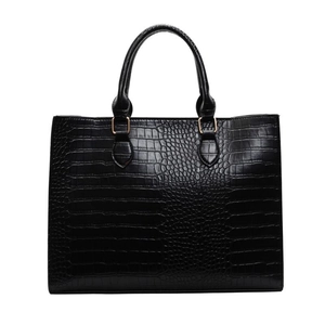 Black crocodile embossed leather tote bag with sturdy top handles for chic business commuting
