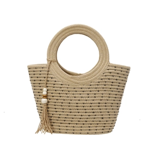 Sac seau en paille tressée à pois noirs avec poignées rondes pour la mode d'été