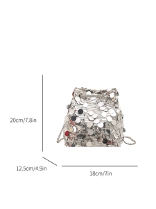 Sparkly silver sequin bucket bag for women with chain strap and drawstring closure