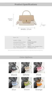 Detailed size specifications and color options for the stylish PU leather crossbody bag