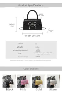 Detailed size guide and material specs for the sparkly bow shoulder bag with dimensions
