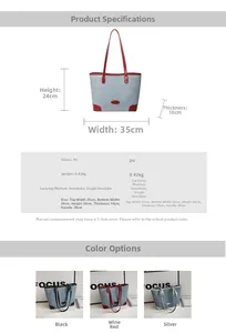 Detailed dimension guide for large denim tote bag showing measurements and PU leather strap