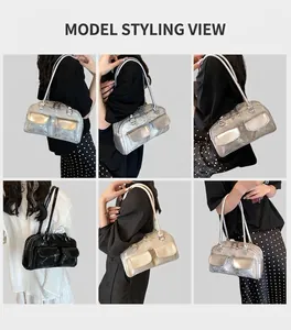 Multiple views of silver, black and off-white oil wax leather Boston shoulder bags