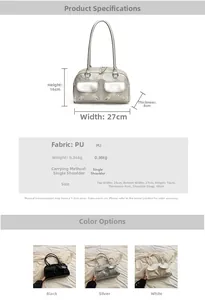 Detail view of silver PU shoulder bag with dual front pockets and glossy texture