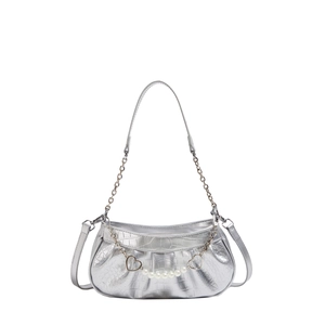 Silver crocodile pattern shoulder bag with pearl chain and heart charms in a minimalist style