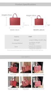Größentabelle für rote Braut-Einkaufstaschen mit Maßen für große und kleine Handtaschen