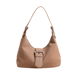 Brown pleated underarm bag for women with ripple texture and silver metallic buckle