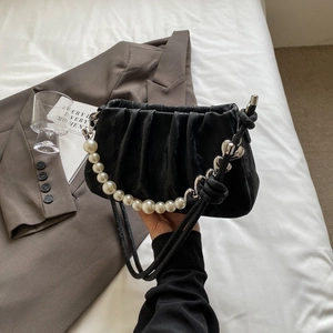 Elegant black pleated cloud bag with pearl strap and silver heart-shaped hardware buckle