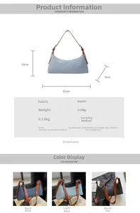 Detailed size chart and parameter table for denim hobo bag with three color options