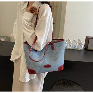 Chic contrast color denim tote bag shown with model for office and daily casual use