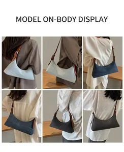Detail shots of denim shoulder bag in blue and grey showing adjustable leather straps