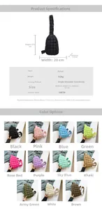 Detailed size specifications and multi-color options for lightweight quilted nylon bag