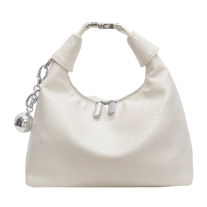 White hobo bag with pleated texture, silver ball charm, and stylish metal buckle top handle