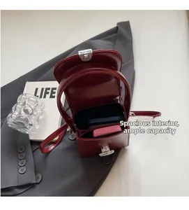 Vue intérieure détaillée du mini sac bordeaux avec double compartiment et boucle argentée