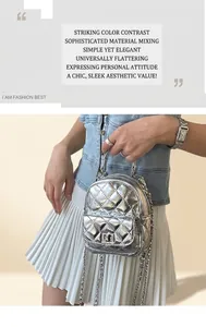 Detail of silver quilted mini backpack with metal chain strap and turn-lock closure
