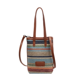 Bolso vertical de paja trenzada con rayas de colores, asas de cuero y bandolera chic