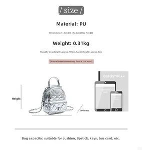 Size comparison of silver quilted mini backpack with iPad and dimensions info