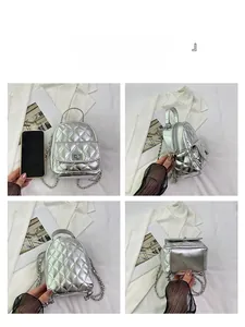 Detailed views of silver quilted mini backpack with chain strap and phone size reference