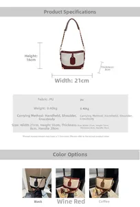 Size chart showing dimensions for the contrast color PU leather shoulder bucket bag