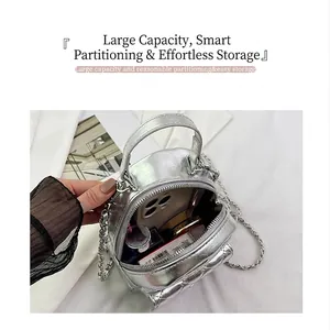 Interior layout showing compartments of silver quilted mini backpack for daily essentials