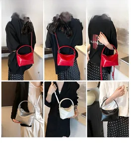 Collage of chic patent leather handbags in red, silver, white and black shown on a model