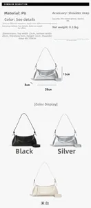 Detailed size specifications and material chart for pleated PU shoulder handbag with dimensions
