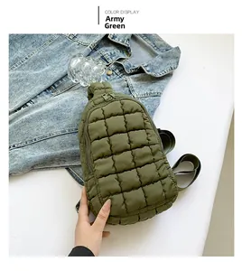Top view of military green quilted nylon crossbody bag with adjustable strap details