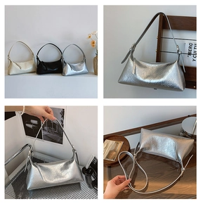Detail showing retro wrinkled texture on silver black and beige shoulder bags
