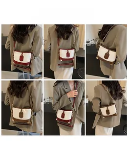 Detailed views of color-block chain bucket bag worn by model in various angles