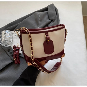 Detail of color-block bucket bag with gold chain and burgundy leather straps