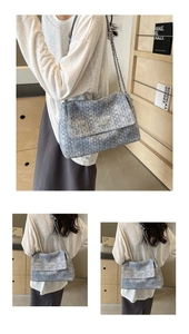 Detailed view of blue woven checkered texture on tote bag with silver chain strap