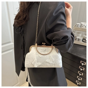 Detail of white lace butterfly embroidery and gold metal clasp on a vintage handbag