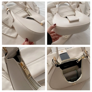 Detailed views of the beige moon hobo bag showing zipper hardware and interior capacity