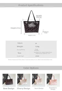 Tableau des dimensions et détails du matériau pour ce sac cabas imprimé en similicuir