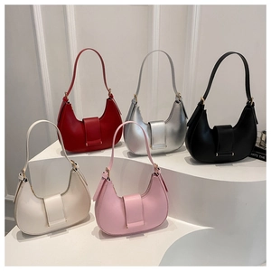 Collection of chic hobo bags in red, silver, black, beige and pink on display stand