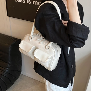 White glossy PU underarm shoulder bag with front flap pockets and retro minimalist style