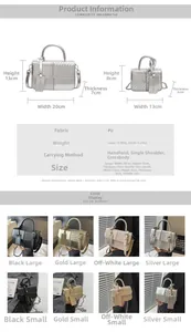 Size comparison and specifications for woven texture mini handbags in four metallic colors