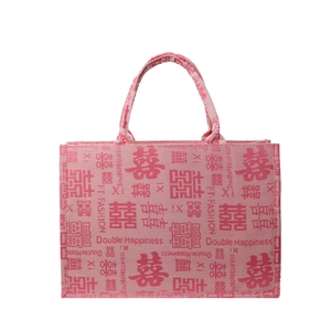 Rosafarbene Canvas-Einkaufstasche mit traditionellem chinesischem Doppelglück-Stickdesign