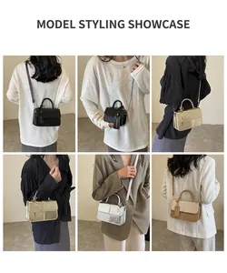 Detailed views of multi-color crossbody square bags in black, gold, silver and beige